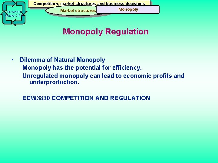 ECW 2731 Weeks 7 & 8 Competition, market structures and business decisions Monopoly Market