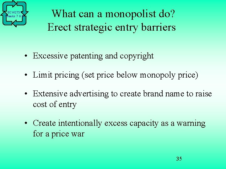 ECW 2731 Weeks 7 & 8 What can a monopolist do? Erect strategic entry