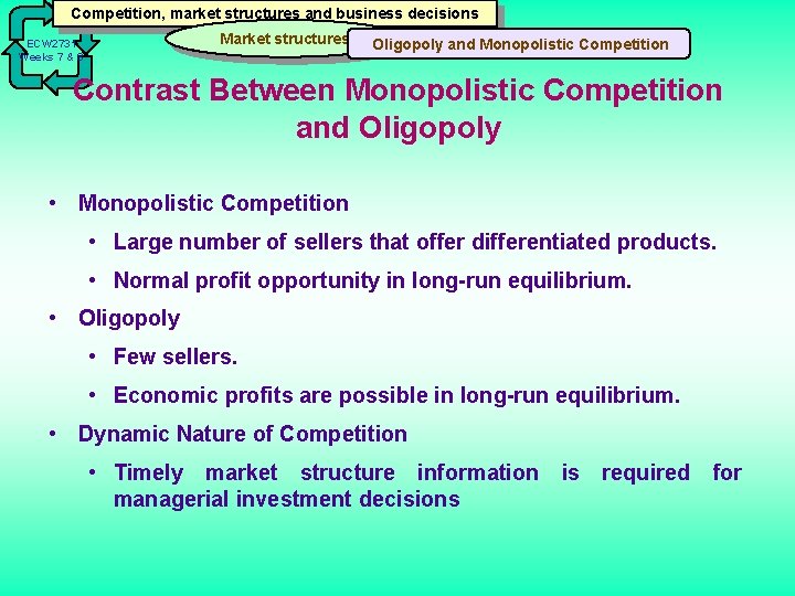 Competition, market structures and business decisions Market structures ECW 2731 Weeks 7 & 8
