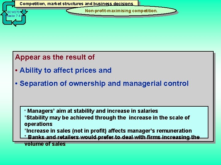 Competition, market structures and business decisions Non-profit-maximising competition. ECW 2731 Weeks 7 & 8