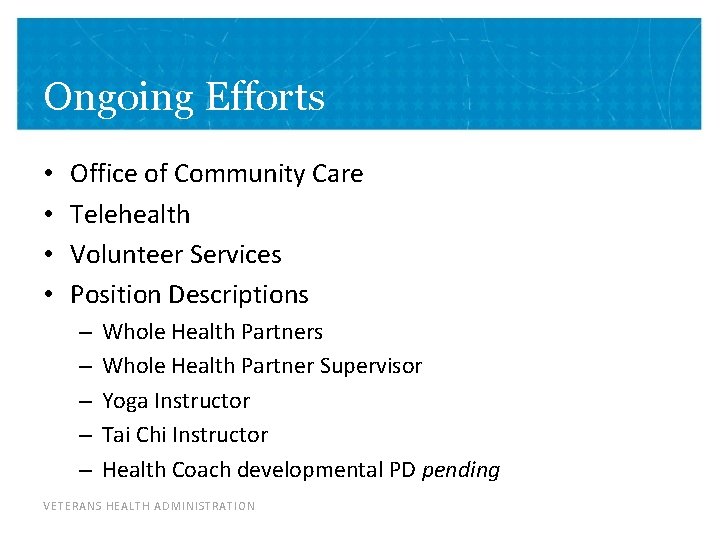 Ongoing Efforts • • Office of Community Care Telehealth Volunteer Services Position Descriptions –