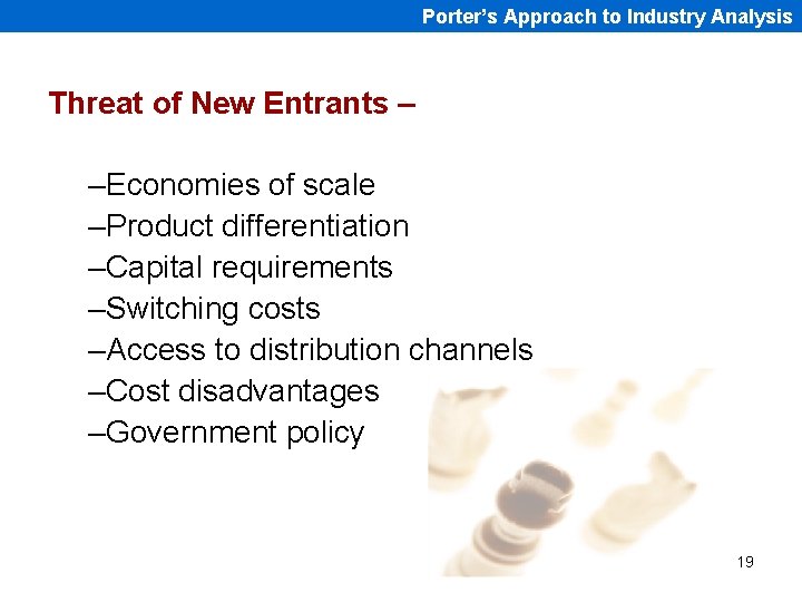 Porter’s Approach to Industry Analysis Threat of New Entrants – –Economies of scale –Product