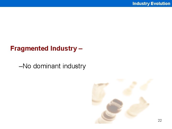 Industry Evolution Fragmented Industry – –No dominant industry 22 