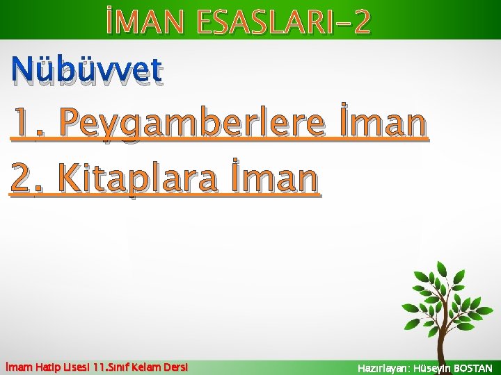 İMAN ESASLARI-2 Nübüvvet 1. Peygamberlere İman 2. Kitaplara İman İmam Hatip Lisesi 11. Sınıf