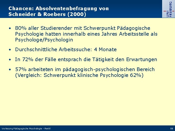 Chancen: Absolventenbefragung von Schneider & Roebers (2000) • 80% aller Studierender mit Schwerpunkt Pädagogische