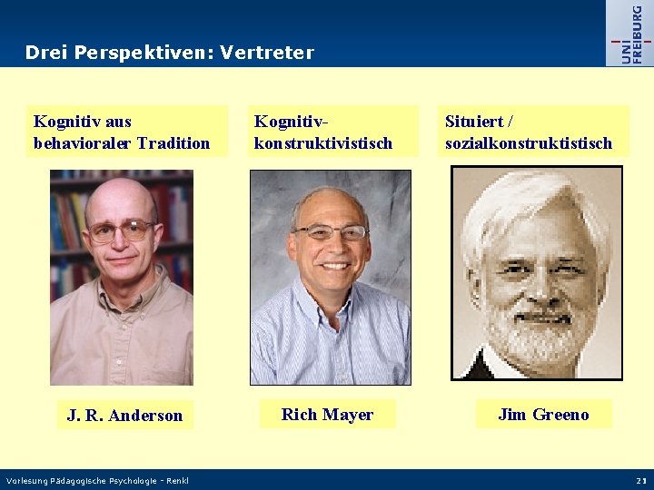 Drei Perspektiven: Vertreter Kognitiv aus behavioraler Tradition Kognitivkonstruktivistisch J. R. Anderson Rich Mayer Vorlesung