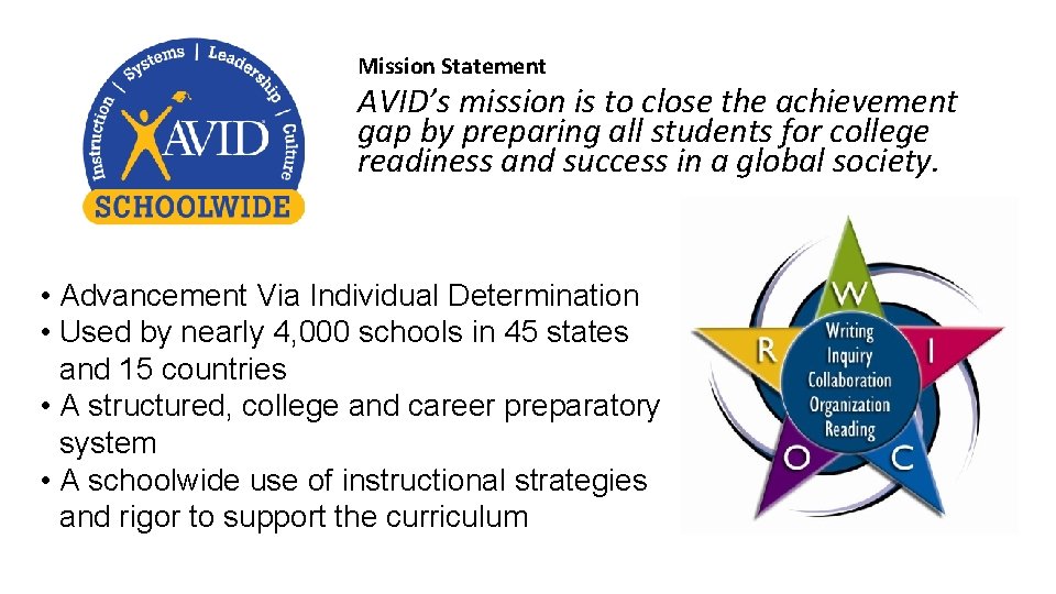 Mission Statement AVID’s mission is to close the achievement gap by preparing all students