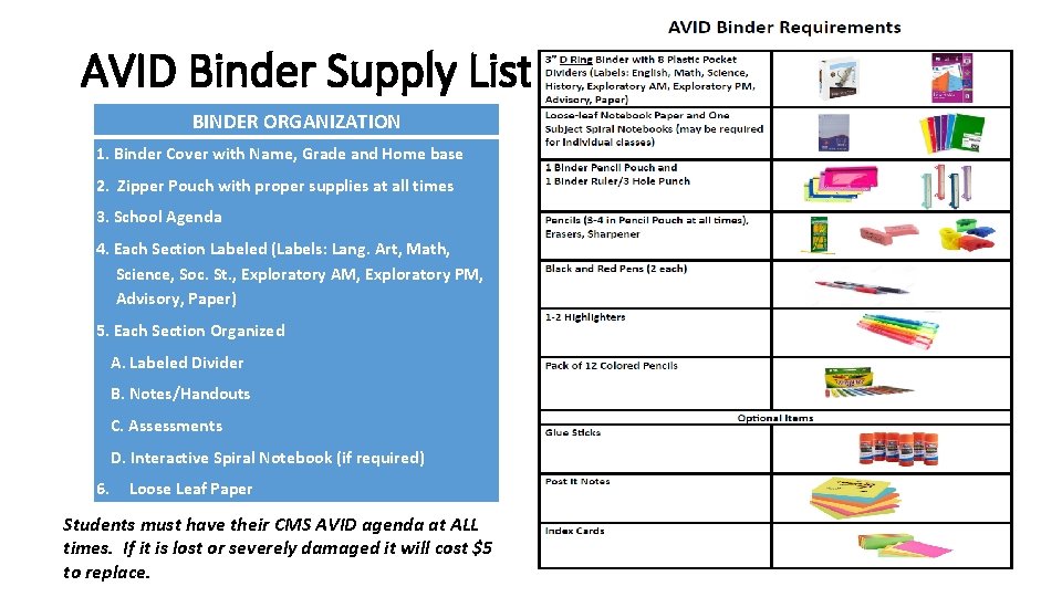 AVID Binder Supply List BINDER ORGANIZATION 1. Binder Cover with Name, Grade and Home