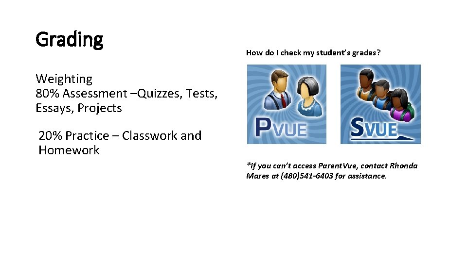 Grading How do I check my student’s grades? Weighting 80% Assessment –Quizzes, Tests, Essays,