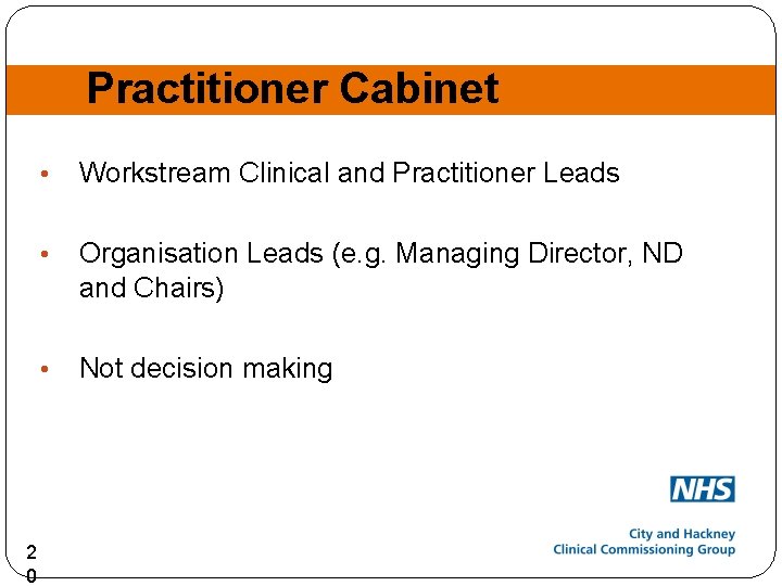 Practitioner Cabinet 2 0 • Workstream Clinical and Practitioner Leads • Organisation Leads (e.