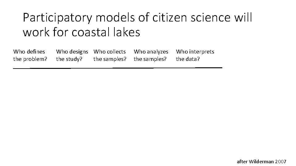 Participatory models of citizen science will work for coastal lakes Who defines the problem? Participatory models of citizen science will work for coastal lakes Who defines the problem?