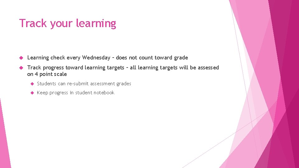 Track your learning Learning check every Wednesday – does not count toward grade Track