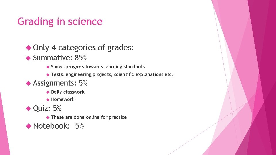 Grading in science Only 4 categories of grades: Summative: 85% Shows progress towards learning