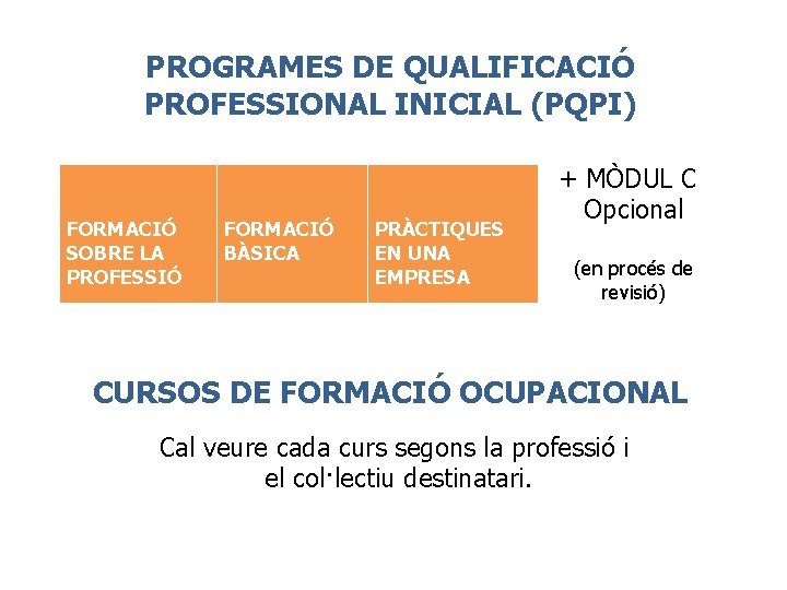 PROGRAMES DE QUALIFICACIÓ PROFESSIONAL INICIAL (PQPI) FORMACIÓ SOBRE LA PROFESSIÓ FORMACIÓ BÀSICA PRÀCTIQUES EN