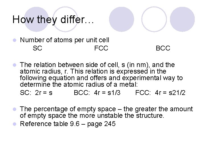 How they differ… l l Number of atoms per unit cell SC FCC BCC