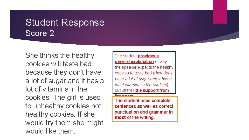 Student Response Score 2 She thinks the healthy cookies will taste bad because they
