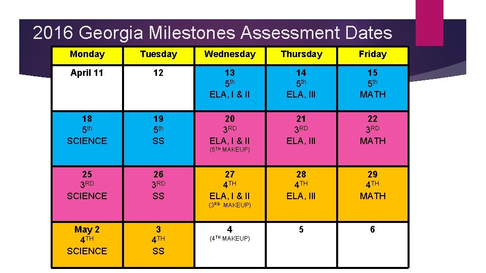 2016 Georgia Milestones Assessment Dates Monday Tuesday Wednesday Thursday Friday April 11 12 13