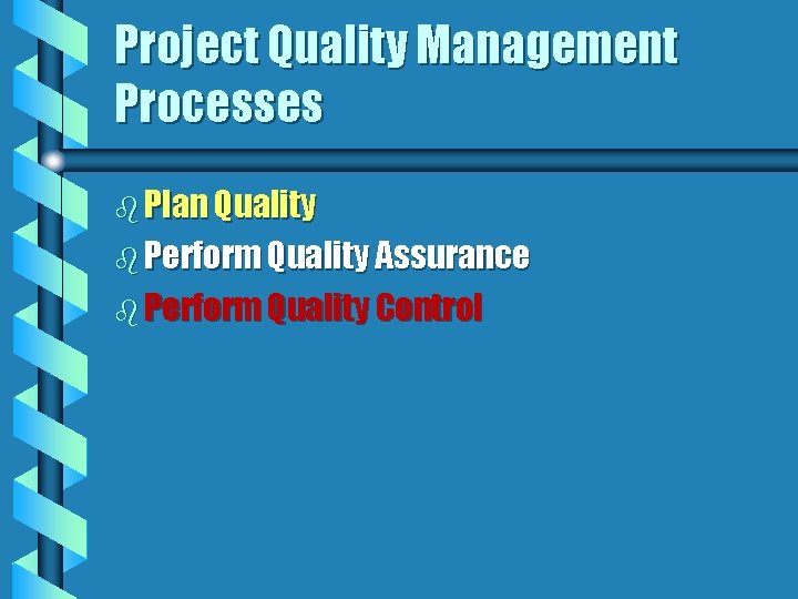 Project Quality Management Processes b Plan Quality b Perform Quality Assurance b Perform Quality
