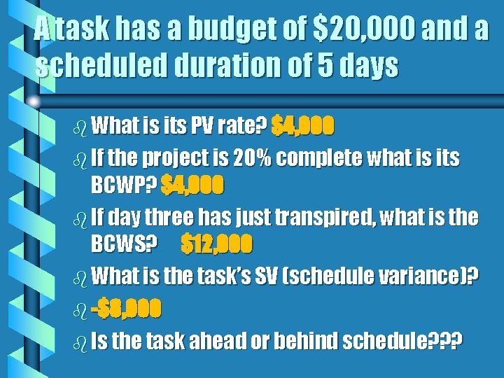 A task has a budget of $20, 000 and a scheduled duration of 5