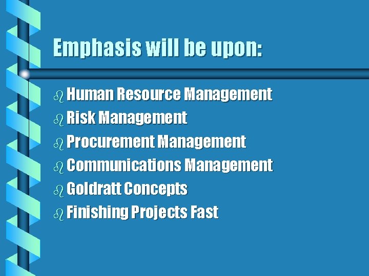 Emphasis will be upon: b Human Resource Management b Risk Management b Procurement Management