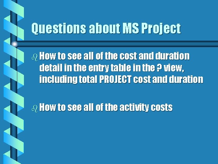 Questions about MS Project b How to see all of the cost and duration