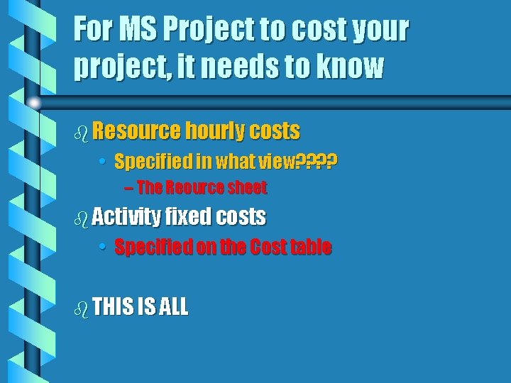 For MS Project to cost your project, it needs to know b Resource hourly