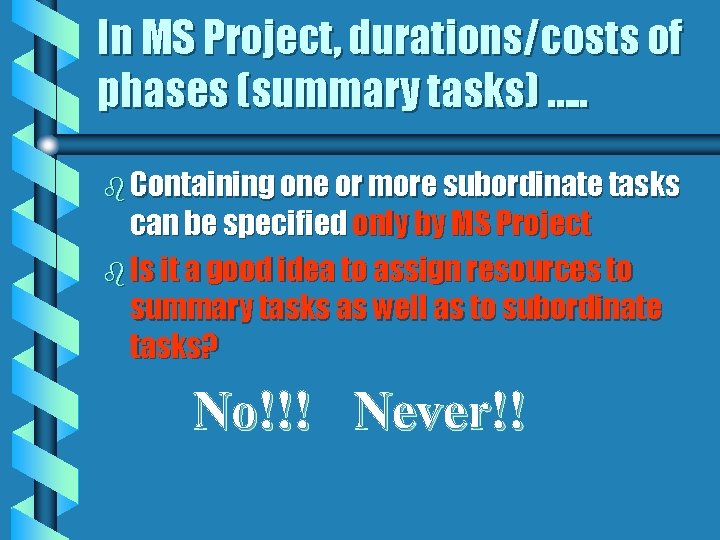 In MS Project, durations/costs of phases (summary tasks) …. . b Containing one or