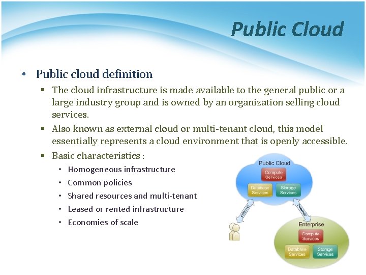 Public Cloud • Public cloud definition § The cloud infrastructure is made available to