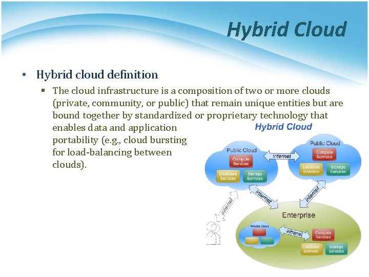 Hybrid Cloud • Hybrid cloud definition § The cloud infrastructure is a composition of