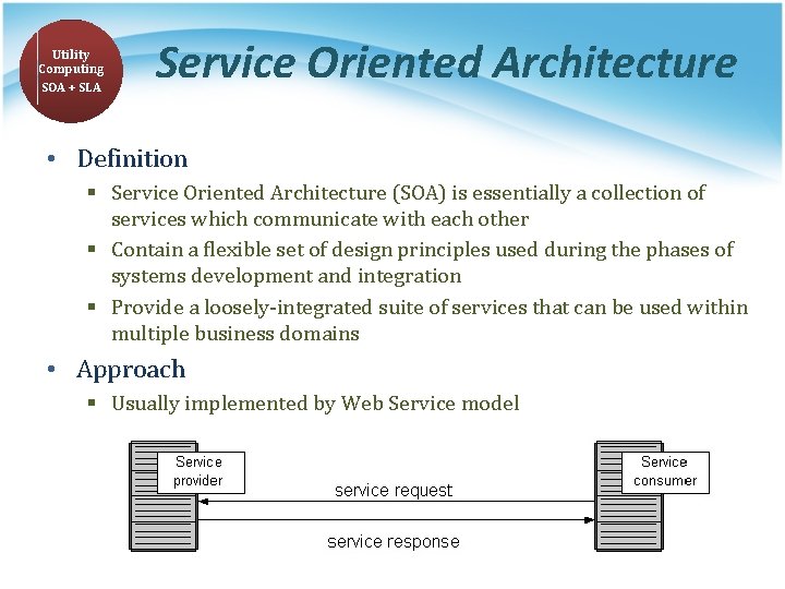 Utility Computing SOA + SLA Service Oriented Architecture • Definition § Service Oriented Architecture