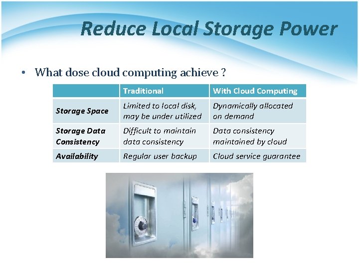 Reduce Local Storage Power • What dose cloud computing achieve ? Traditional With Cloud