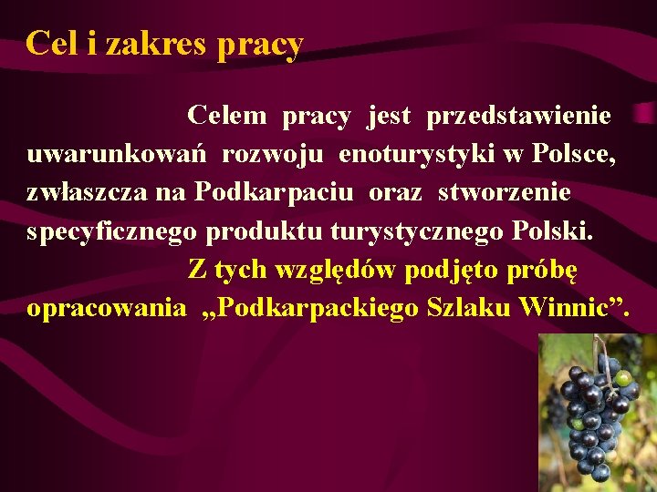 Cel i zakres pracy Celem pracy jest przedstawienie uwarunkowań rozwoju enoturystyki w Polsce, zwłaszcza