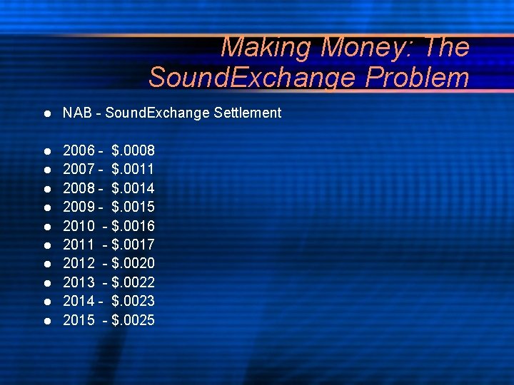 Making Money: The Sound. Exchange Problem l NAB - Sound. Exchange Settlement l 2006