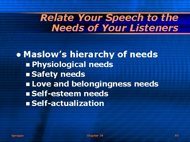 Relate Your Speech to the Needs of Your Listeners l Maslow’s hierarchy of needs