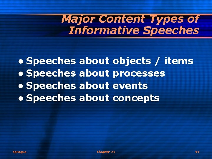 Major Content Types of Informative Speeches l Speeches about Sprague objects / items processes