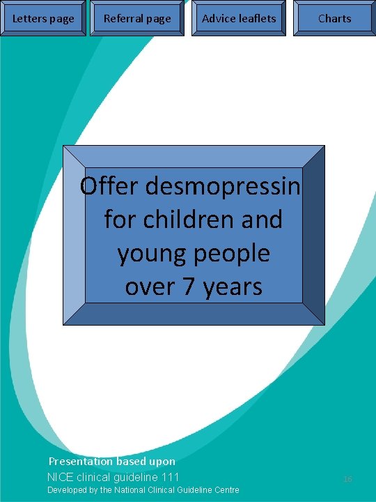 Letters page Referral page Advice leaflets Charts Offer desmopressin for children and young people