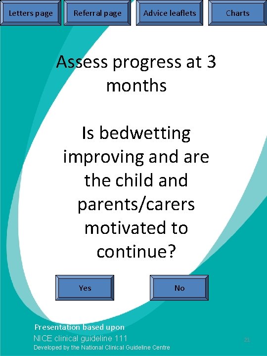 Letters page Referral page Advice leaflets Charts Assess progress at 3 months Is bedwetting