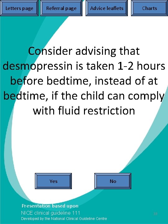 Letters page Referral page Advice leaflets Charts Consider advising that desmopressin is taken 1