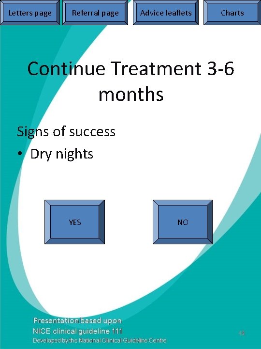 Letters page Referral page Advice leaflets Charts Continue Treatment 3 -6 months Signs of