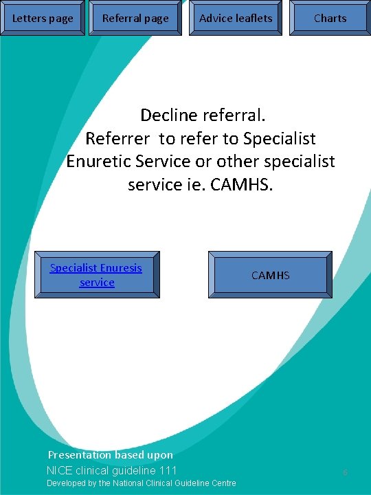 Letters page Referral page Advice leaflets Charts Decline referral. Referrer to refer to Specialist