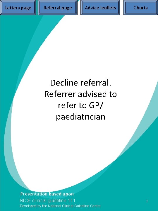 Letters page Referral page Advice leaflets Charts Decline referral. Referrer advised to refer to