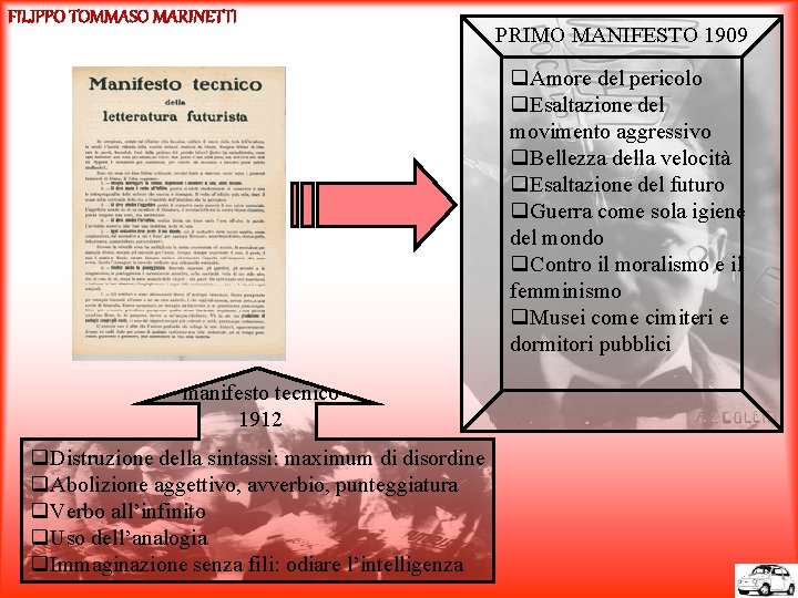 FILIPPO TOMMASO MARINETTI PRIMO MANIFESTO 1909 q. Amore del pericolo q. Esaltazione del movimento