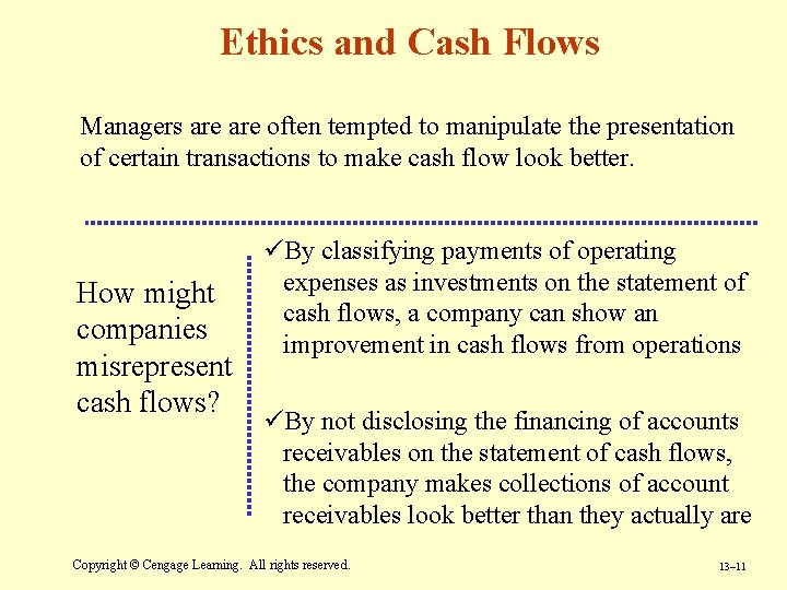 Ethics and Cash Flows Managers are often tempted to manipulate the presentation of certain Ethics and Cash Flows Managers are often tempted to manipulate the presentation of certain