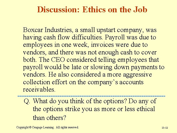 Discussion: Ethics on the Job Boxcar Industries, a small upstart company, was having cash Discussion: Ethics on the Job Boxcar Industries, a small upstart company, was having cash