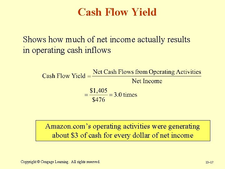 Cash Flow Yield Shows how much of net income actually results in operating cash Cash Flow Yield Shows how much of net income actually results in operating cash