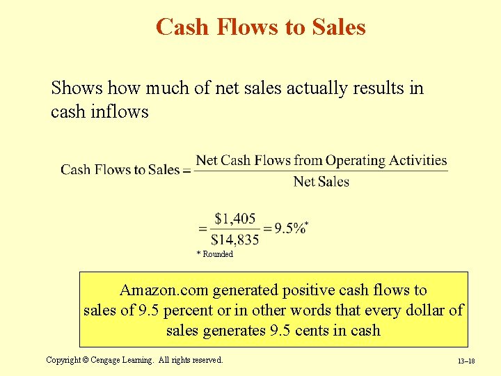 Cash Flows to Sales Shows how much of net sales actually results in cash Cash Flows to Sales Shows how much of net sales actually results in cash