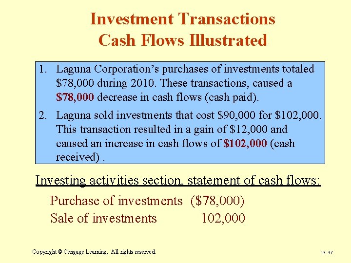 Investment Transactions Cash Flows Illustrated 1. Laguna Corporation’s purchases of investments totaled $78, 000 Investment Transactions Cash Flows Illustrated 1. Laguna Corporation’s purchases of investments totaled $78, 000