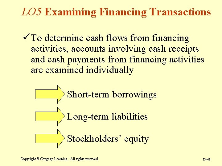 LO 5 Examining Financing Transactions ü To determine cash flows from financing activities, accounts LO 5 Examining Financing Transactions ü To determine cash flows from financing activities, accounts