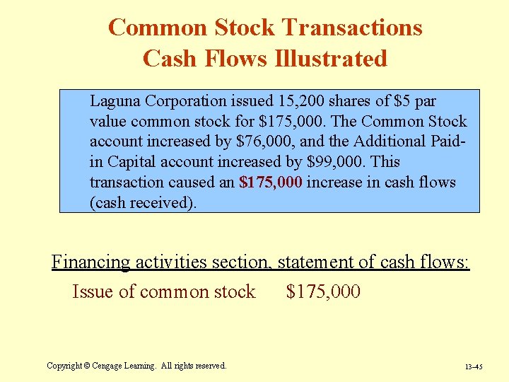 Common Stock Transactions Cash Flows Illustrated Laguna Corporation issued 15, 200 shares of $5 Common Stock Transactions Cash Flows Illustrated Laguna Corporation issued 15, 200 shares of $5