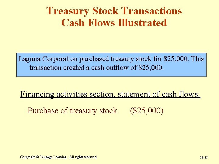 Treasury Stock Transactions Cash Flows Illustrated Laguna Corporation purchased treasury stock for $25, 000. Treasury Stock Transactions Cash Flows Illustrated Laguna Corporation purchased treasury stock for $25, 000.